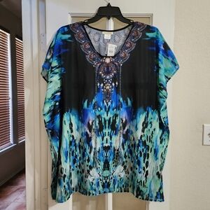 NWT Sweet Magnolia Beaded Poncho Blue Watercolor Kaftan OS